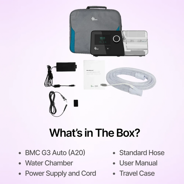 Complete package of BMC G3 Auto CPAP System (A20) with Humidifier including power supply, hose and travel case.