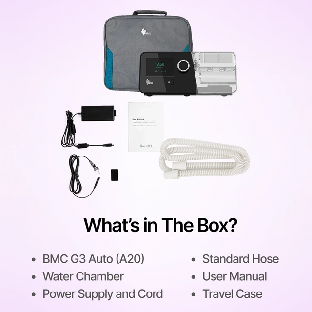 Complete package of BMC G3 Auto CPAP System (A20) with Humidifier including power supply, hose and travel case.