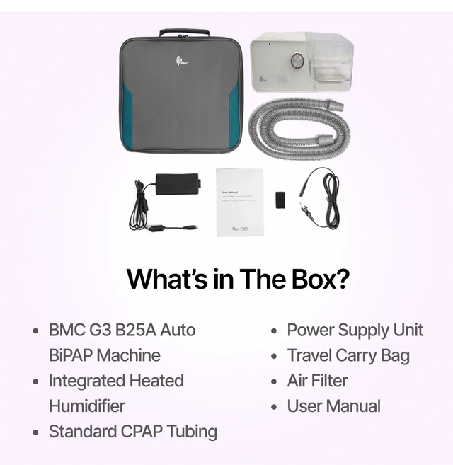 Full package contents of BMC G3 B25A BPAP with Humidifier
