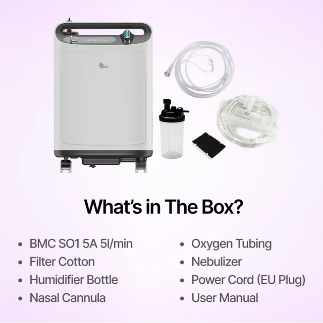 BMC Oxygen Concentrator 5 LPM comes with filters, humidifier bottle, nasal cannula and tubing