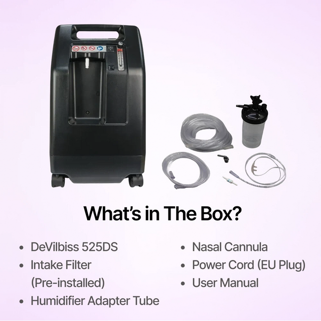 DeVilbiss 525 Oxygen Concentrator with accessories on a light purple background