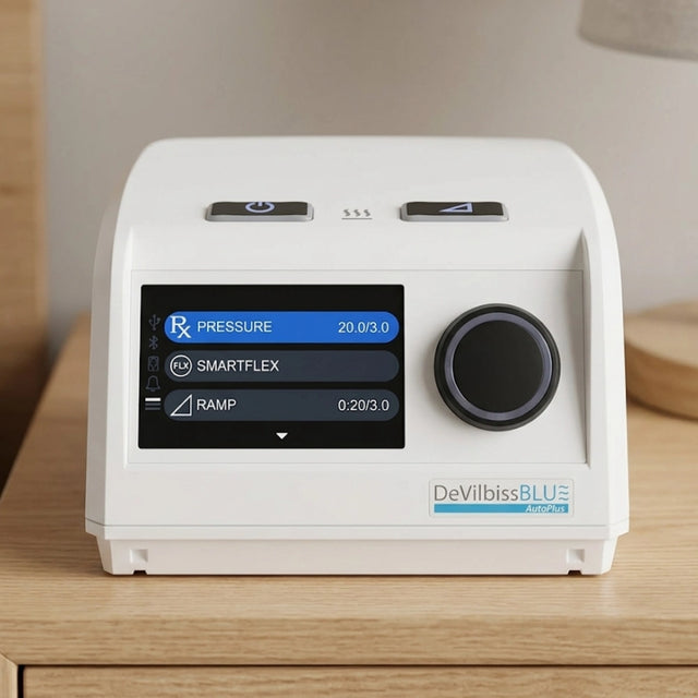 Frontal view of DeVilbiss Blue Auto Plus CPAP Machine on a nightstand