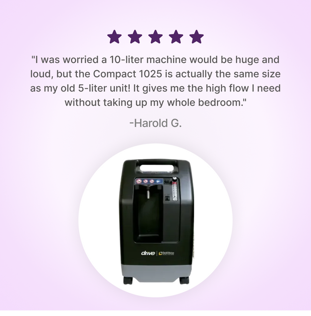 DeVilbiss Compact 1025 10l/min Oxygen Concentrator with customer review on a purple background