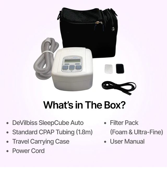 Full package contents of DeVilbiss SleepCube Auto Bilevel Device