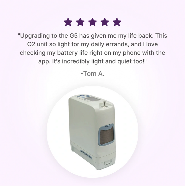 5-star customer review for Inogen G5 portable oxygen concentrator with a single battery