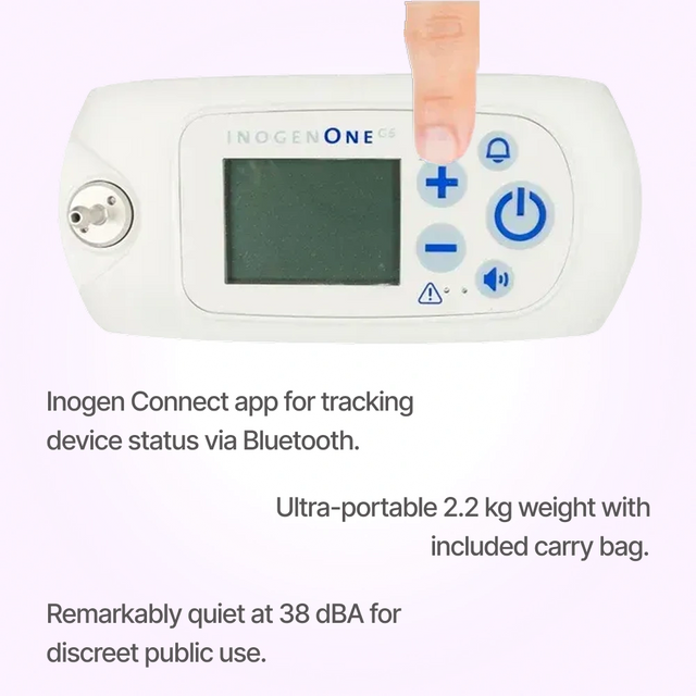 Close up display of Inogen G5 portable oxygen concentrator with a single battery