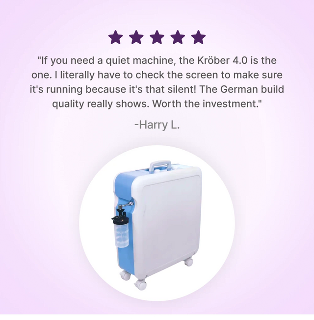 Krober 4.0 Oxygen Concentrator with a five-star rating and customer review on a light purple background