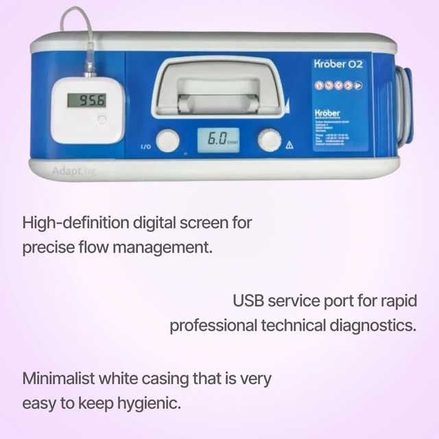 Kröber O2 Oxygen Concentrator with digital screen and USB port on a light purple background