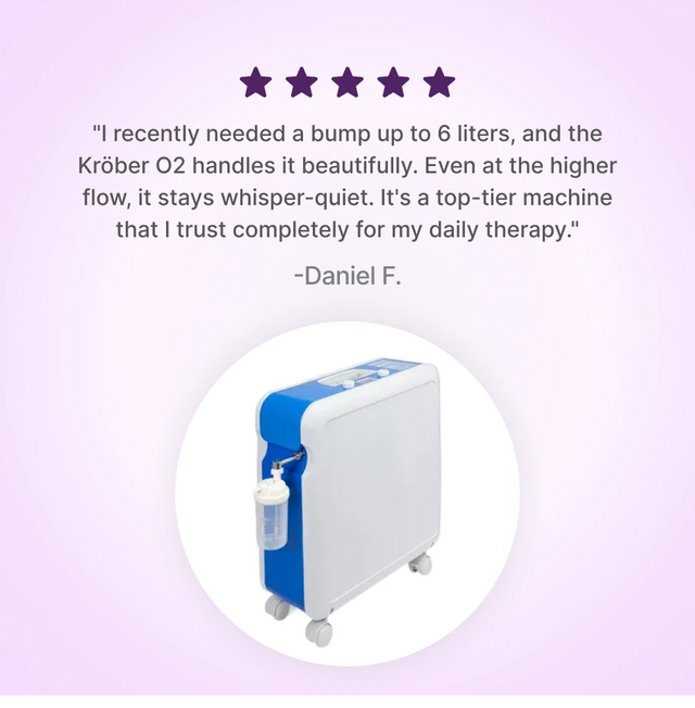 Kröber O2 Oxygen Concentrator with customer review on a purple background