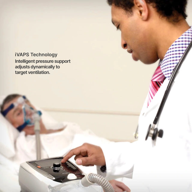 Doctor adjusting ResMed Stellar 150 Invasive & Non-invasive Ventilator for a patient