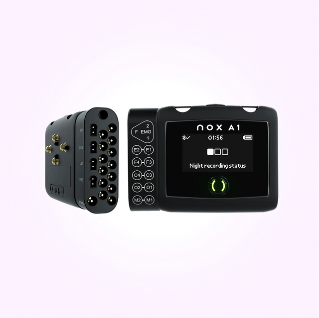 Front and back view of NOX A1 polysomnography (PSG) system