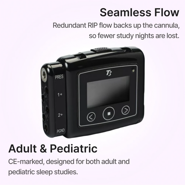 Side angle view of Nox T3 Portable Sleep Monitor for Home Sleep Testing that offers seamless flow and is designed for both adult and pediatric sleep studies.