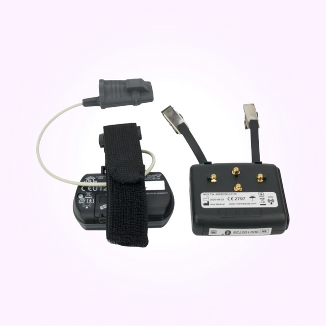 Back view of Nox T3 Portable Sleep Monitor for Home Sleep Testing next to pulse oximeter