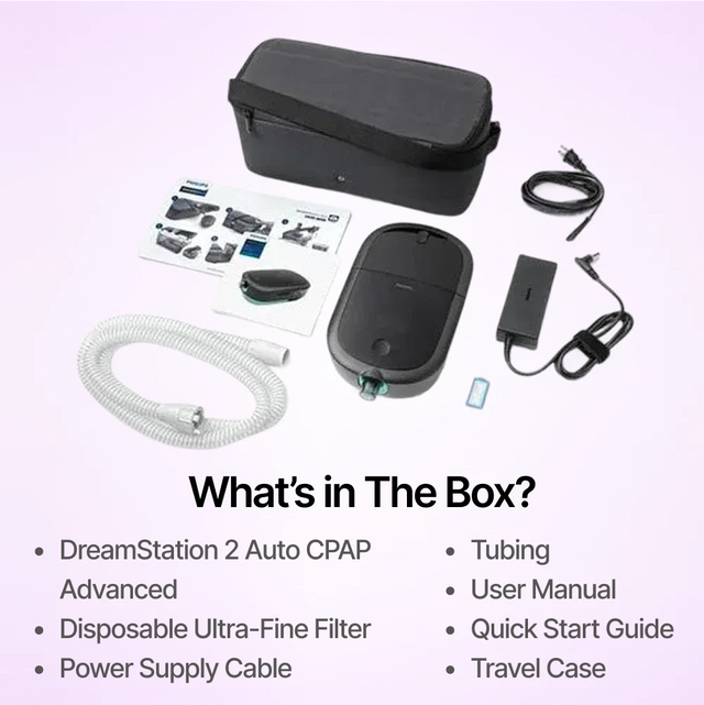 Philips Dreamstation 2 Auto CPAP full package includes the machine, tubing, power supply cable, and travel case.