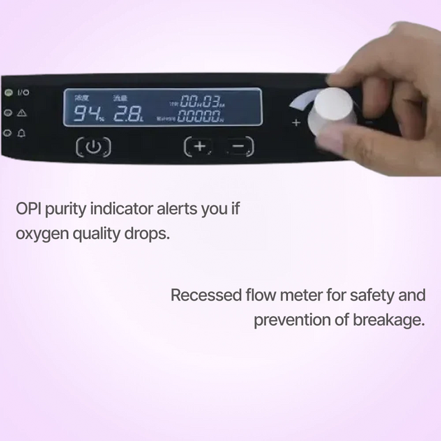Philips Oxygenate 5 Home Oxygen Concentrator with digital display and hand interacting with it on a light purple background.