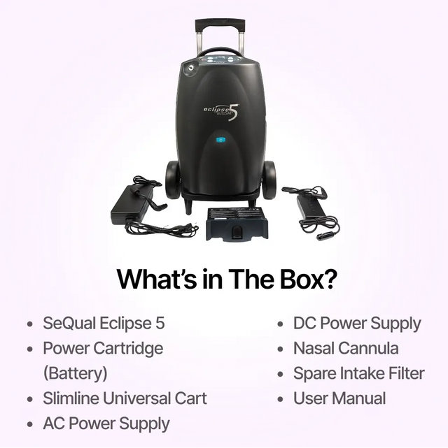 Full package contents of SeQual Eclipse 5 portable oxygen concentrator
