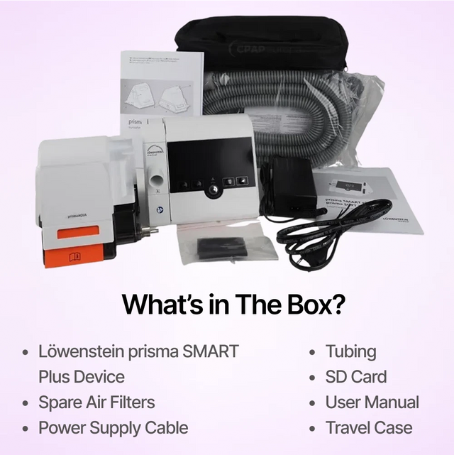Prisma SMART Plus Auto CPAP Machine full package including spare filters, travel case, tubing and SD card.