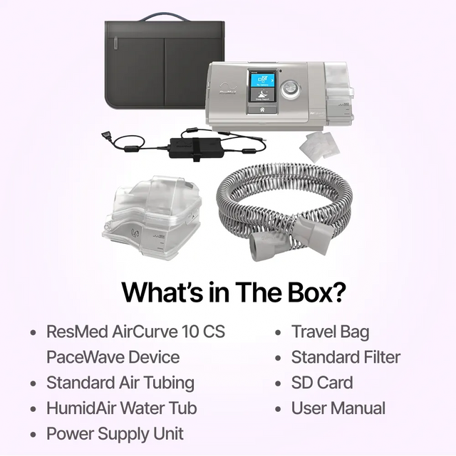 Full package contents of AirCurve 10 CS PaceWave Adaptive Servo-Ventilator with Humidifier