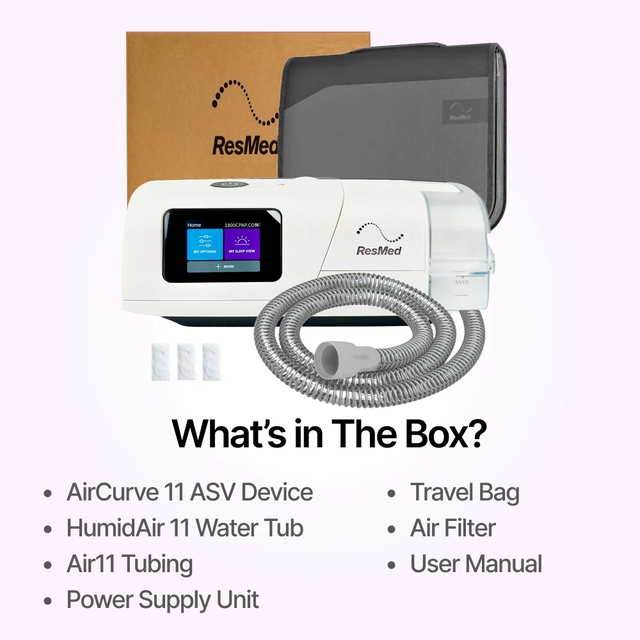 Full package contents of ResMed AirCurve 11 Adaptive Servo-Ventilation Device