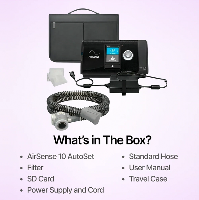 The full package for ResMed AirSense 10 AutoSet CPAP machine features filters, power supply and cord, hose and travel case.
