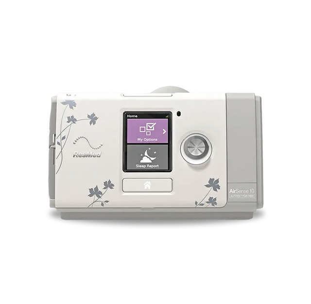 Front view of the ResMed AirSense 10 AutoSet CPAP machine For Her