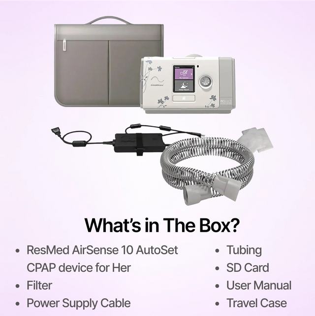 The full package for ResMed AirSense 10 AutoSet CPAP machine For Her features filters, power supply, tubing and travel case.