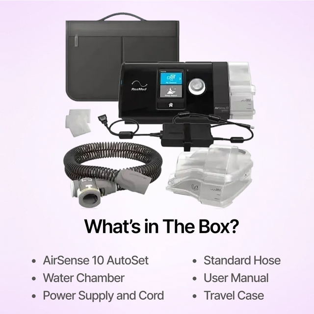 Complete bundle of ResMed AirSense 10 Autoset CPAP machine, featuring Water Chamber, Hose and travel case.