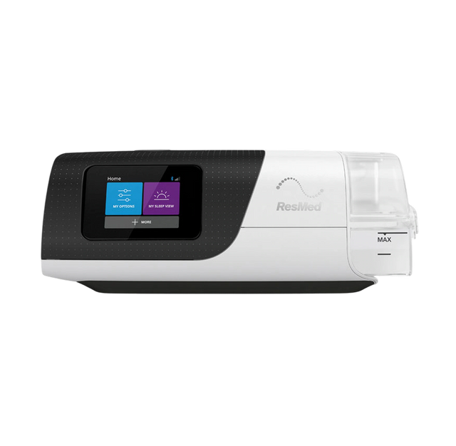 Front view of the ResMed AirSense 11 AutoSet CPAP machine with HumidAir heated humidifier.