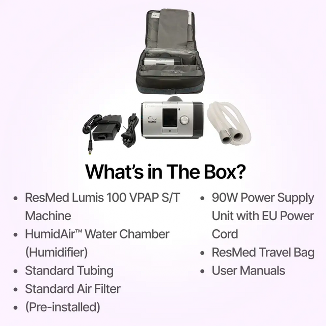 Full package contents of ResMed Lumis 100 VPAP ST Ventilator