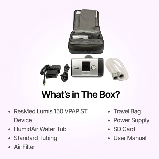 Full package contents of ResMed Lumis 150 VPAP ST Non-Invasive Ventilator