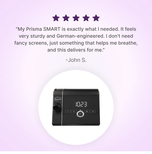 Prisma SMART Auto CPAP Machine with a five-star rating and customer review on a purple background