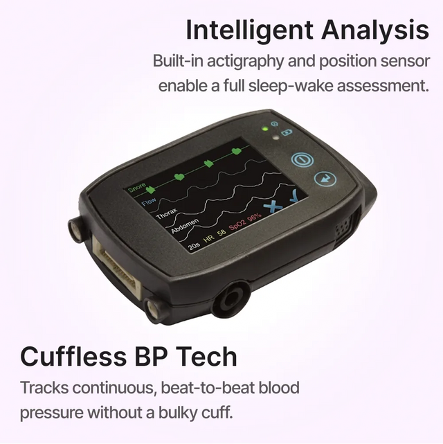 Angled view of SOMNOtouch™ RESP - wrist-worn polygraph that offers intelligent analysis and cuffless BP tech