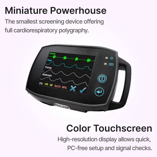 Angled view of SOMNOtouch™ RESP - wrist-worn polygraph which is described as a miniature powerhouse and offers high-resolution color touchscreen