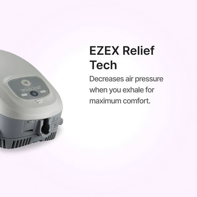 Close up view of Transcend Auto Travel CPAP Machine explaining the EZEX Relief Tech