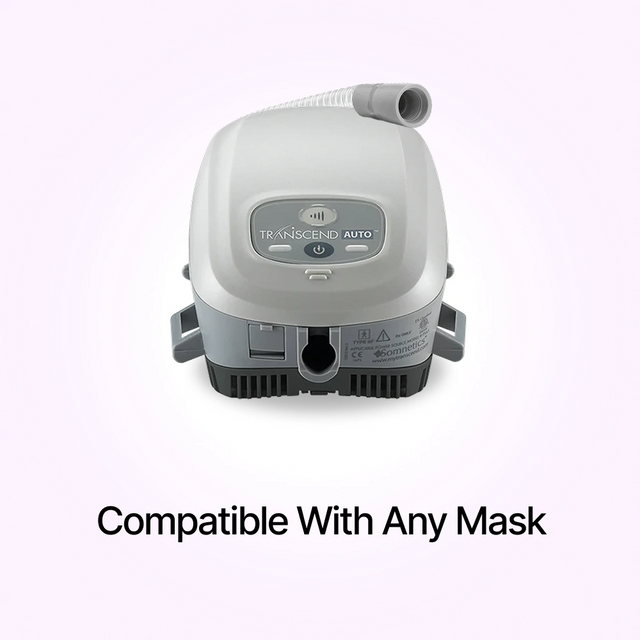 Frontal view of tubing and Transcend Auto Travel CPAP Machine which is compatible with any mask