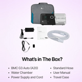 Complete package of  BMC G3 Auto CPAP System (A20) with Humidifier including power supply, hose and travel case.