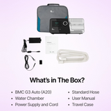 Complete package of  BMC G3 Auto CPAP System (A20) with Humidifier including power supply, hose and travel case.