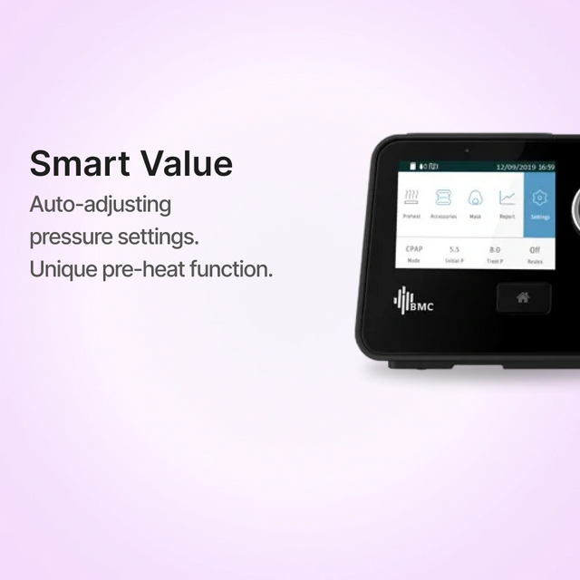 The BMC G3 Auto CPAP System (A20) has auto-adjusting pressure settings and unique pre-heat function.