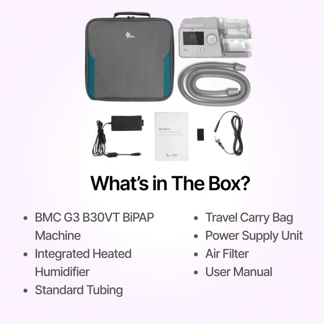 Full package contents of BMC G3 B30VT BiPAP with Humidifier