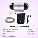Full package contents of the BMC M1 Mini Automatic Travel CPAP Machine, including filter, power supply cable and tubing.