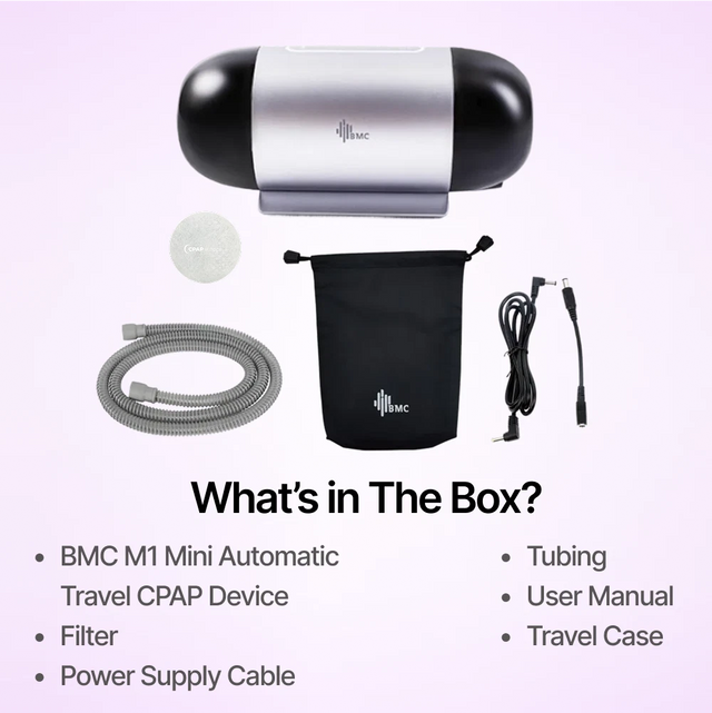 Full package contents of the BMC M1 Mini Automatic Travel CPAP Machine, including filter, power supply cable and tubing.
