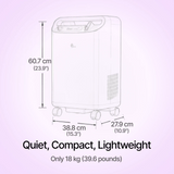 BMC Oxygen Concentrator 5 LPM with dimensions and weight information on a light purple background