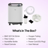 BMC Oxygen Concentrator 5 LPM comes with filters, humidifier bottle, nasal cannula and tubing
