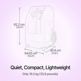 Diagram of a DeVilbiss 525 Oxygen Concentrator with dimensions and weight information on a light purple background