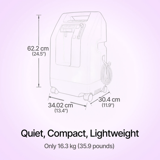 Diagram of a DeVilbiss 525 Oxygen Concentrator with dimensions and weight information on a light purple background