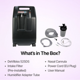 DeVilbiss 525 Oxygen Concentrator with accessories on a light purple background