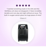 DeVilbiss 525 Oxygen Concentrator with a five-star rating and customer review on a light purple background