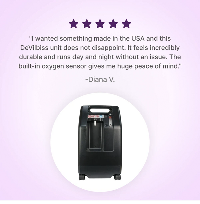 DeVilbiss 525 Oxygen Concentrator with a five-star rating and customer review on a light purple background