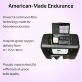 DeVilbiss 525 Oxygen Concentrator with text highlighting American-made endurance and hospital-grade oxygen delivery on a light purple background.