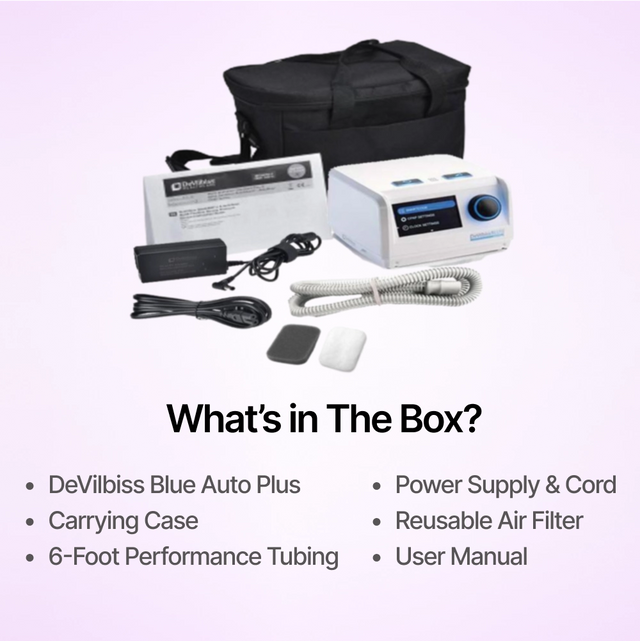 Full package contents of DeVilbiss Blue Auto Plus CPAP Machine
